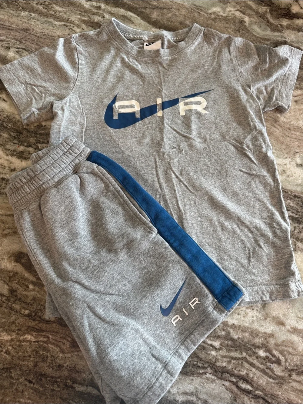 Nike Kids Gray Tee with Blue Air Logo and Royal Blue Shorts
